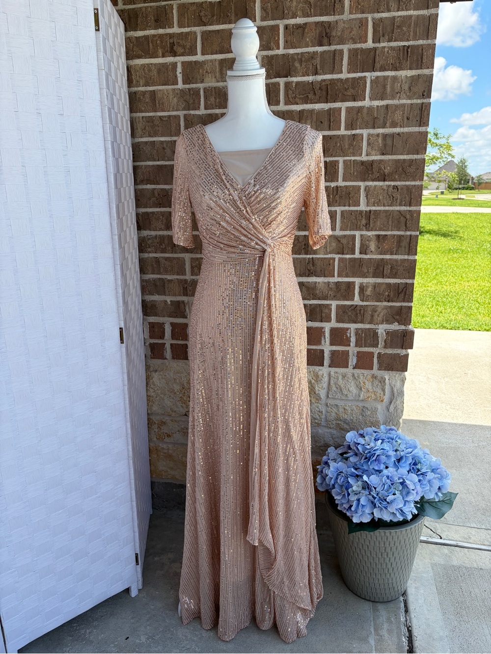 Blush Champagne Sequin Formal Dress Draped Evening Gown Size S